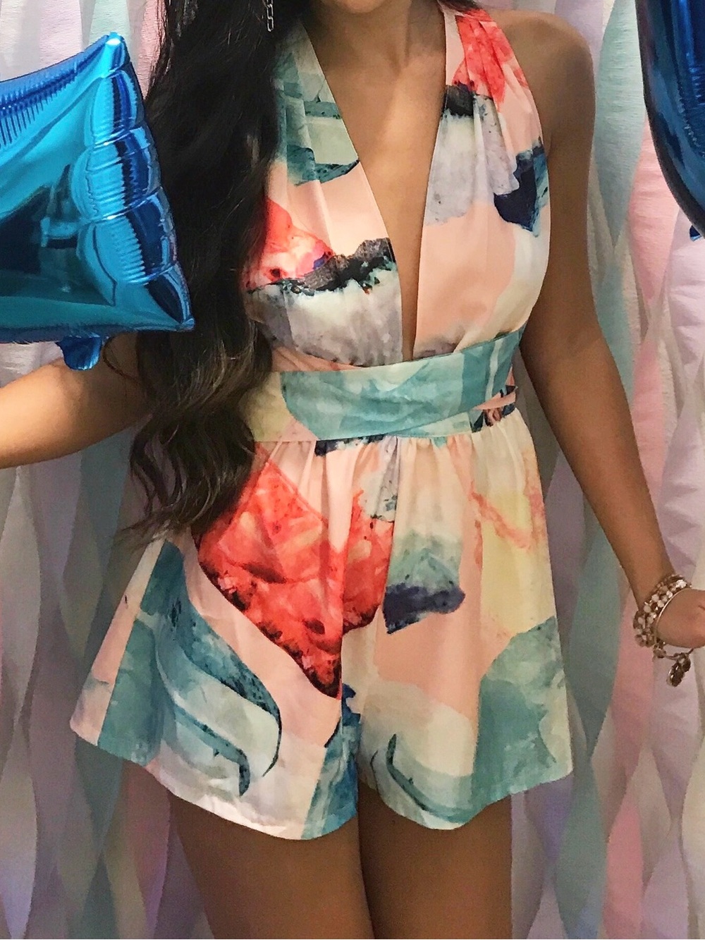 Colorful, Watercolor Romper with Deep V Neckline and Open Back